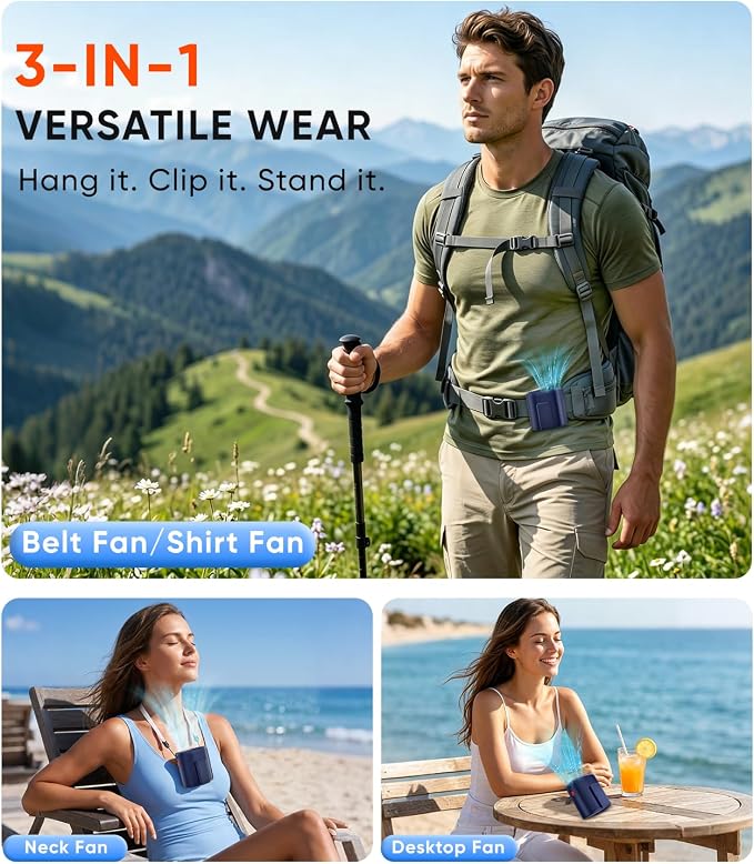 AI Portable Waist Fan, 6-Speed 15,000RPM Strong Turbo Airflow, 30H Cooling Battery Powered Personal Fan Rechargeable, Wearable Hands-Free Shirt/Belt/Body Fan for Travel, Work, Outdoor, Blue - Image 4