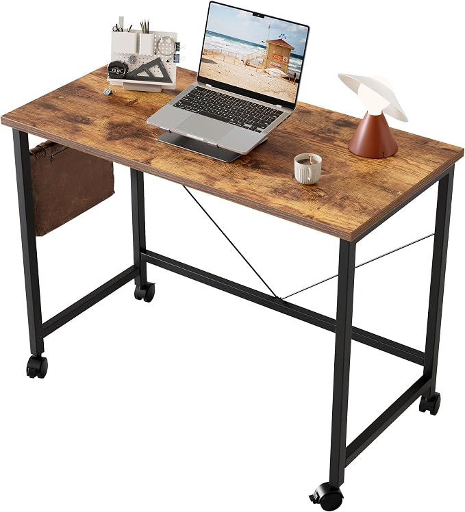 Mericonia 39x20 Inch Computer Desk with Wheels, Small Simple Rolling Desk | Writing Table for Home Office Bedroom Work Study, Brown by MERICONIA