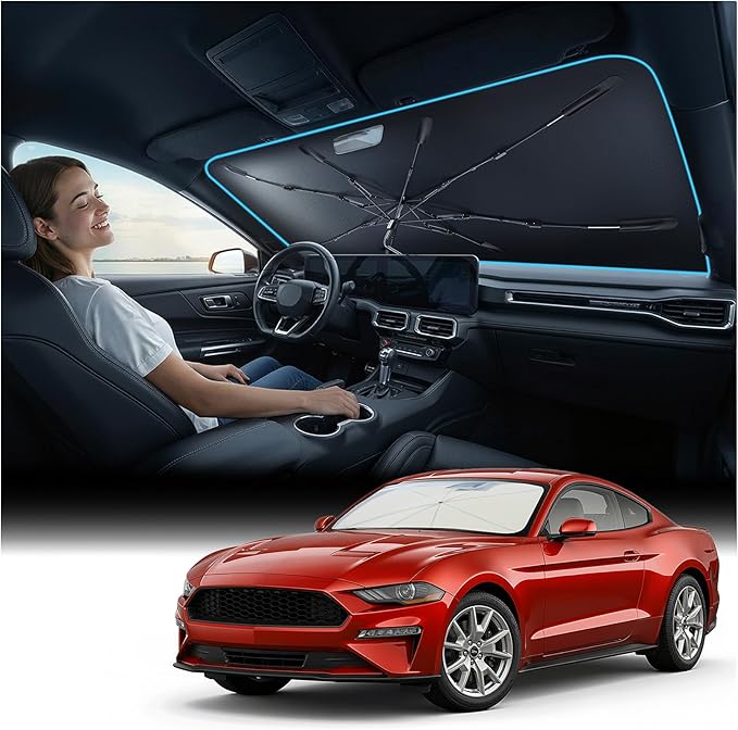 Nmoiss Windshield Sun Shade Umbrella for Mustang - [Vinyl Coating Heat Shield] Protect Car from Sun Rays & Heat Damage Keep Cool and Protect Interior, Spring Structure Edge by Nmoiss