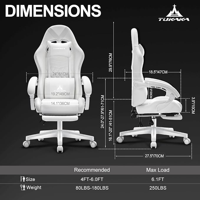 White Gaming Chair,Ergonomic Massage Office Desk Chair with Footrest | Pocket Spring Cushion,Reclining,Thick High Back,Headrest and Lumbar Support,Adjustable Leather Computer Chair Gamer Chair - Image 3