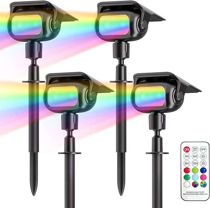 Nreonrick RGB Multicolor Solar Spot Lights 360° Adjustable Solar Lights Outdoor IP65 Waterproof with 2-in-1 Solar Powered Spotlights for Landscape Lighting for Garden,Yard,Pathway (Multi Color,4 Pack) by Nreonrick