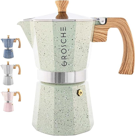GROSCHE Milano Moka pot, Stovetop Espresso maker, Greca Coffee Maker, Stovetop coffee maker and espresso maker percolator (Mint, 9 cup) | Cuban Coffee Maker And Italian Moka Pot For Stovetop Espresso; For Gas, Electric, And Propane Stoves With A Soft-T... by GROSCHE
