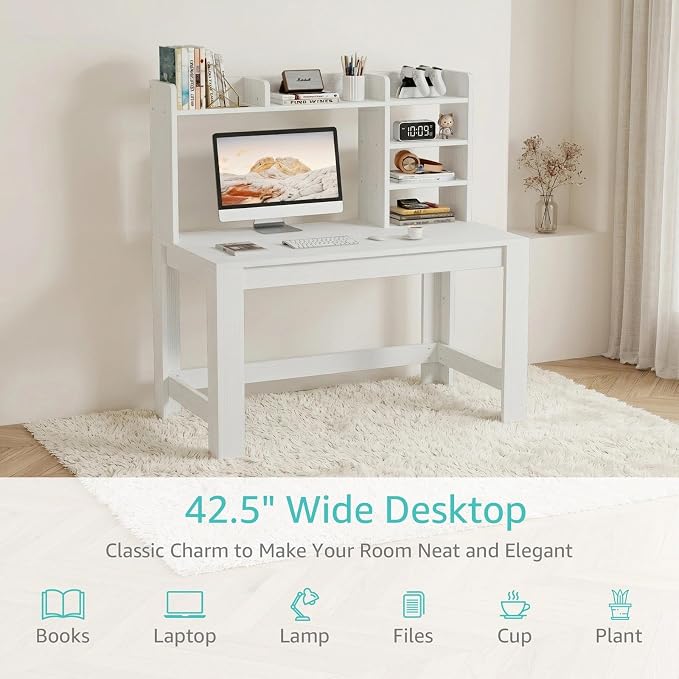 WINAZ White Desk with Hutch and Power Outlet, 43 Inch Small Space Computer Writing Desk with Storage Shelves, Modern Home Office Workstation for Bedroom Dorm - Image 7