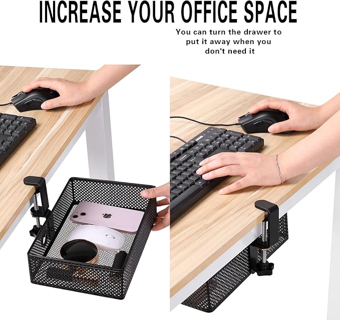 Under Desk Drawer, Clamp on Desk Organizer Hanging Desk Storage Under Table | Under desk organizer: clamp on desk drawer, 360° rotating desk basket, hanging desk organizer, clamp on desk shelf, no-drill - Image 2