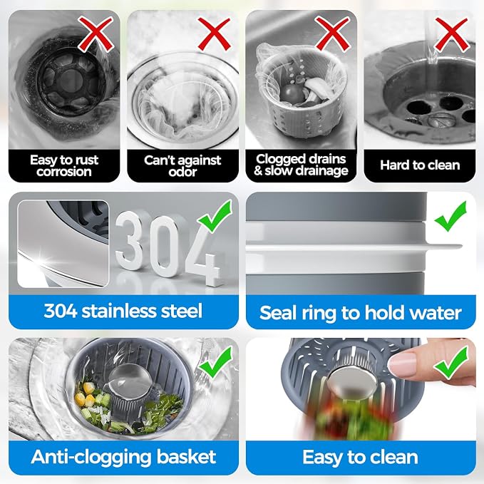 zaa 3 in 1 Kitchen Sink Drain Strainer Stopper Removable Basket Pop-Up | Kitchen Sink Accessories 3 Pack Silver Stainless - Food Catcher, Odor-Blocking Seal, Fits 3.5" Drain, Easy Clean - Image 6