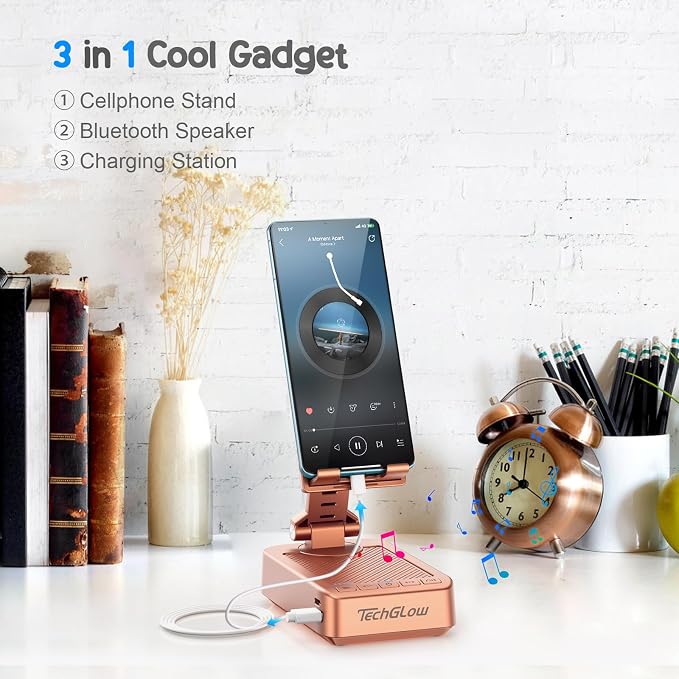 TechGlow Gifts for Men Women Foldable Cellphone Stand with Bluetooth Speaker and Charging Function 360° Rotatable Phone Stand Birthday Gift Idea for Mom Dad Cool Tech Gifts-Rose Gold - Image 2