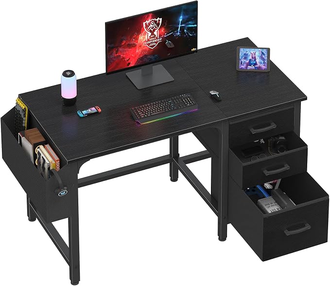 Lufeiya Computer Desk with File Drawers Cabinet, 47 Inch Reversible Home Office Desks with Filing Cabinet for Small Space, Gaming Study Writing Table PC Desks, Black by LUFEIYA