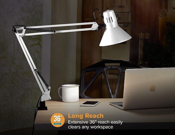 Bostitch Office VLF100-WHT Swing Arm Desk Lamp with Clamp Mount, 36" Reach with Multi-Joint Adjustment, Includes Replaceable LED Bulb (VLF), White - Image 5