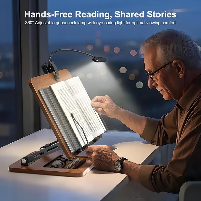 OPTIXCELL Book Stand with Light, Hands Free Book Holder, Gifts Book Lovers | Hands Free, Adjustable Height Angle, Built-in Storage Tray, 3-Mode Reading Light, Foldable Metal Frame, Fits Cookbook Tablet - Image 2