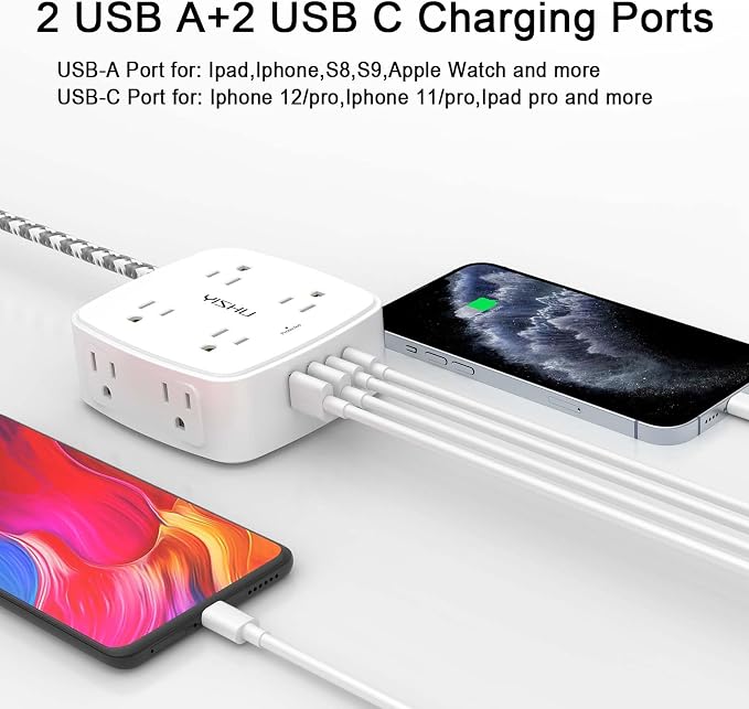 Surge Protector Power Strip - YISHU 8 Outlets with 4 USB (2 USB C) Charging Ports, 10Ft Braided Extension Cord, Flat Plug Multi Plug Outlet Extender Charging Station for Home Office, ETL, White - Image 3