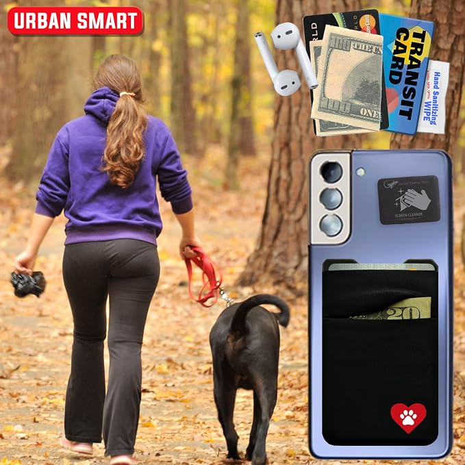 Gecko Travel Tech Double Pocket - Adhesive Card Holder - Cell Phone Pouch - Stick on Spandex Pocket - Carry Credit Cards and Cash - DOG HEART - Image 9