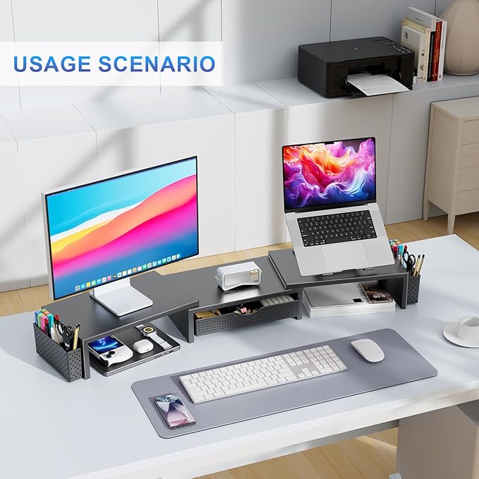 gianotter Dual Monitor Stand Riser, Desk Organizer With Drawer and 2 Pen Holders, Computer Monitor Stand, Desk Shelf for Top of Desk (Black) - Image 4