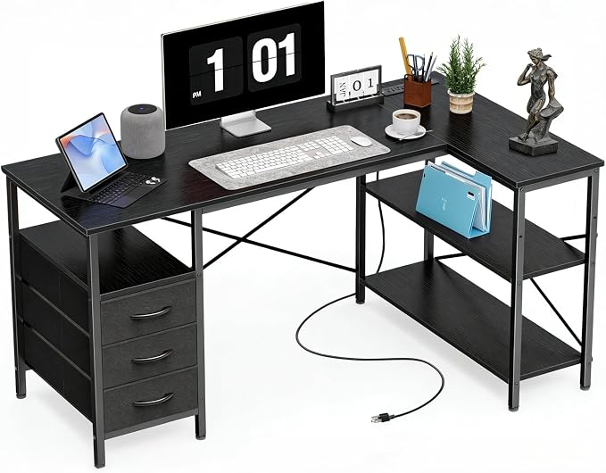 Alpen L Shaped Computer Desk, 47 Inch Corner Desk with Drawers and Power Outlets, Home Office Desk for Gaming, Study Writing PC Table with Storage and Reversible Shelf, Black by ALPEN