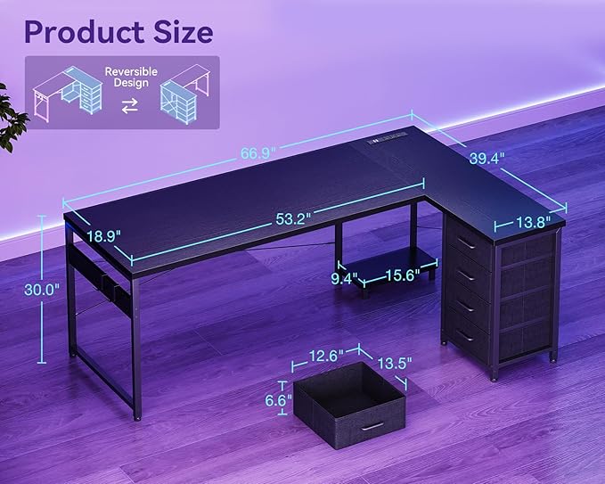 AODK 67" L Shaped Gaming Desk with 4 Drawers and Power Outlets, Black | USB Ports, PC Tower Stand, Hooks, Reversible Corner Layout for Gaming Rooms, Bedrooms and Home Office - Image 3