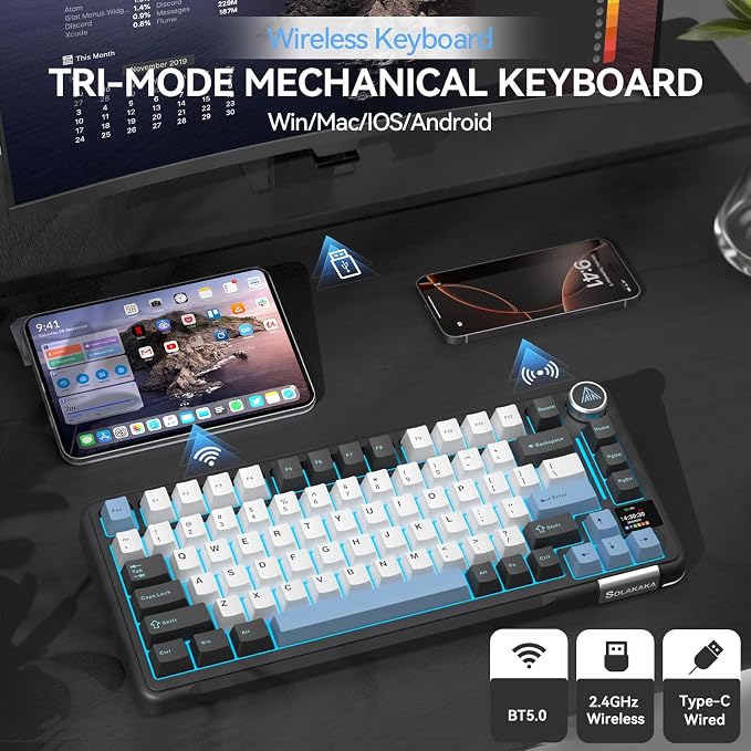 SOLAKAKA A75 PRO Black Gaming Keyboard 75% Wireless Mechanical with Screen and Knob, RGB Backlit Hot Swappable Gasket Pre-lubed PBT Keycaps for PC/Mac/Win - Image 3