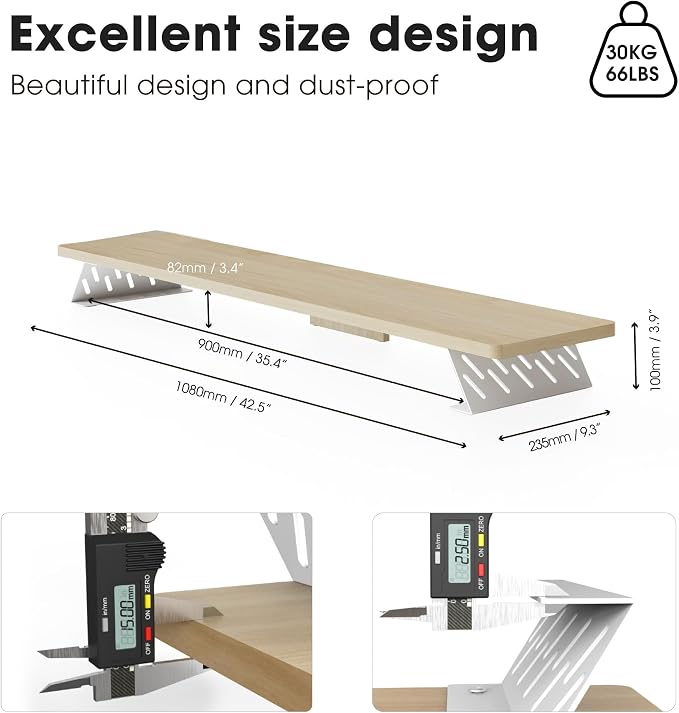 Fenge Dual Monitor Stand Riser, 42.5 Inch Desk Top Shelf for 2 Monitors, Computer Stands for Desk, Wood & Steel Desktop Riser for Laptop, PC, Printer - Image 5
