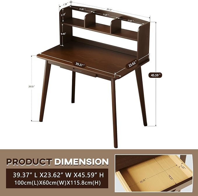 IOTXY Small Writing Desk with Hutch - 39.4" Work Computer Study Table | Black Walnut, Storage Drawer, Space-saving for Home and Office, with Bookshelves - Image 2