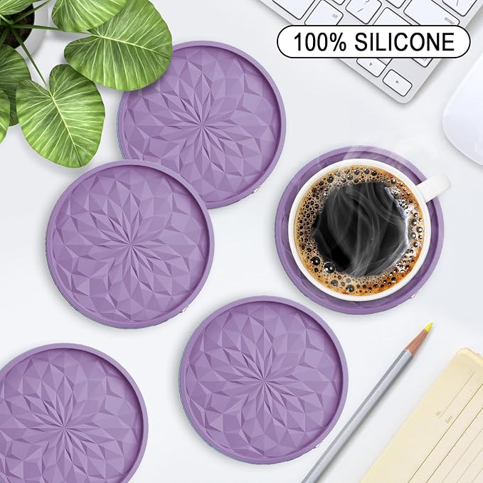 ME.FAN Silicone Coasters with Holder,[6 Pack] Drinking Coasters - Cup Mat for Hot or Cold Drinks, Thickened, Non-Slip, Non-stick,Deep Tray Light Purple - Image 2