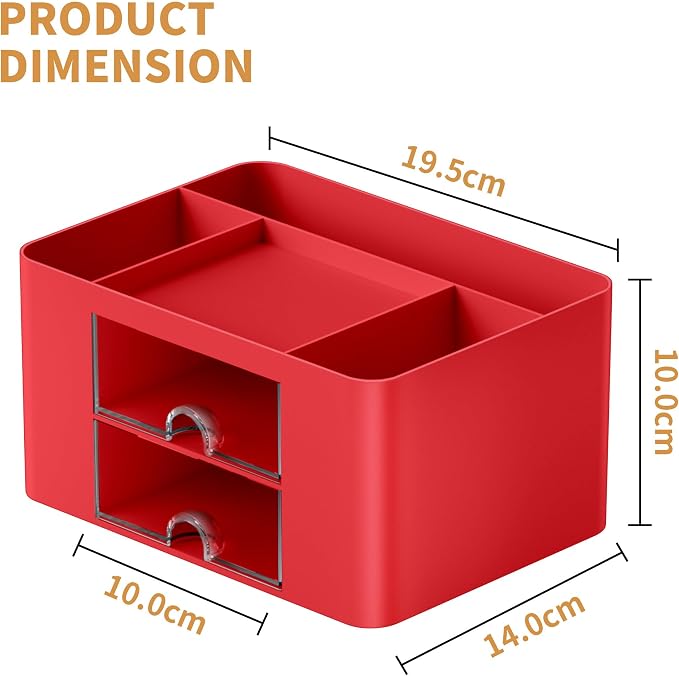 Marbrasse Pen Organizer with 2 Drawer, Multi-Functional Pencil Holder for Desk, Desk Organizers and Accessories with 5 Compartments + Drawer for Office Art Supplies (Red) - Image 4