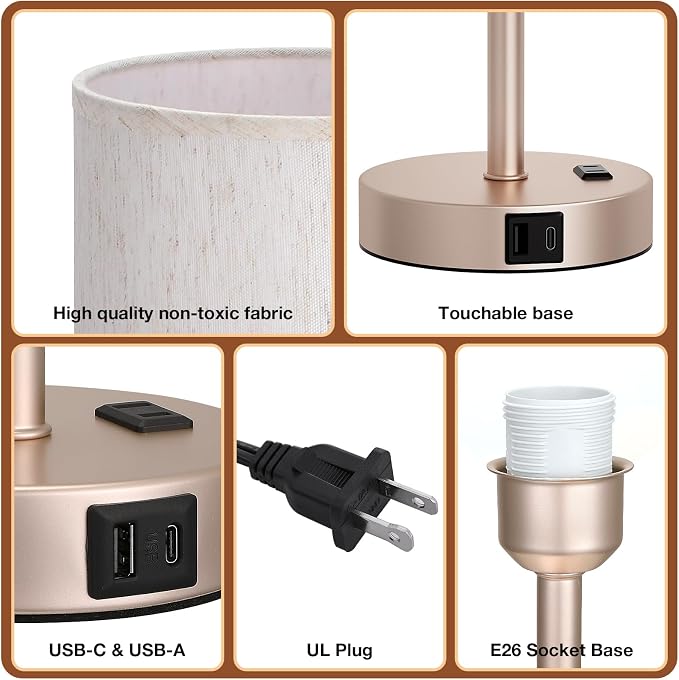 Dicoool 17.4" Bedside Lamp for Bedroom - Dimmable Touch, USB A+C, AC Outlet | LED Bulb Included, 3-Way Dimmable, 17.4" Table Lamp for Living Room, Dorm, Cream Fabric Lampshade, Antique White Metal Base - Image 8