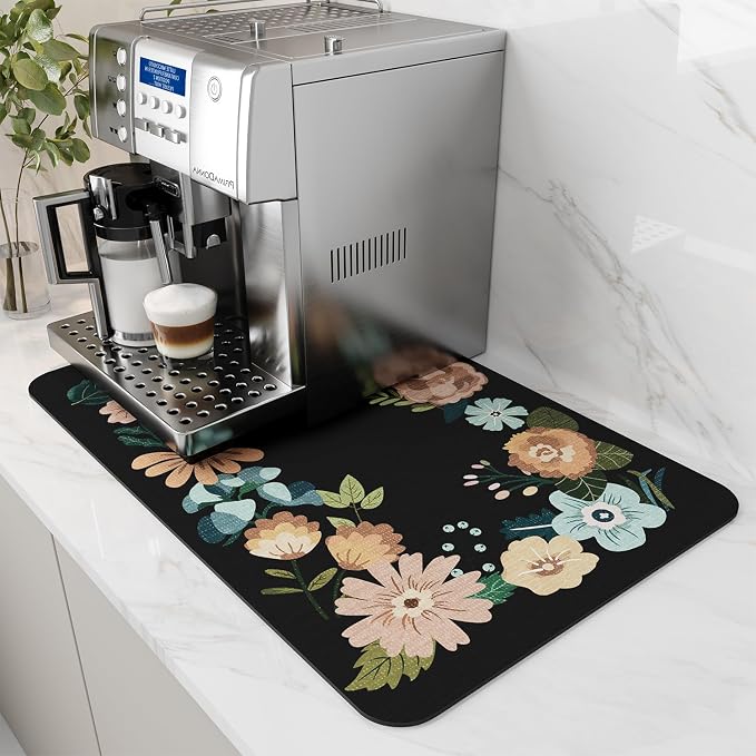 AMOAMI Coffee Mat Hide Stain Rubber Backed Absorbent Dish Drying Mat for Kitchen Counter - Bar Accessories Fit Under Coffee Maker, Espresso Machine, Dish Rack - Floral Black 12x19 by AMOAMI