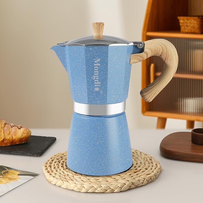 Mongdio Stovetop Espresso Maker Moka Pot, Cuban Coffee Maker Stove top coffee maker Moka Italian Espresso Greca Coffee Maker Brewer Percolator, 9 Espresso Cups, 15 oz - Blue - Image 8