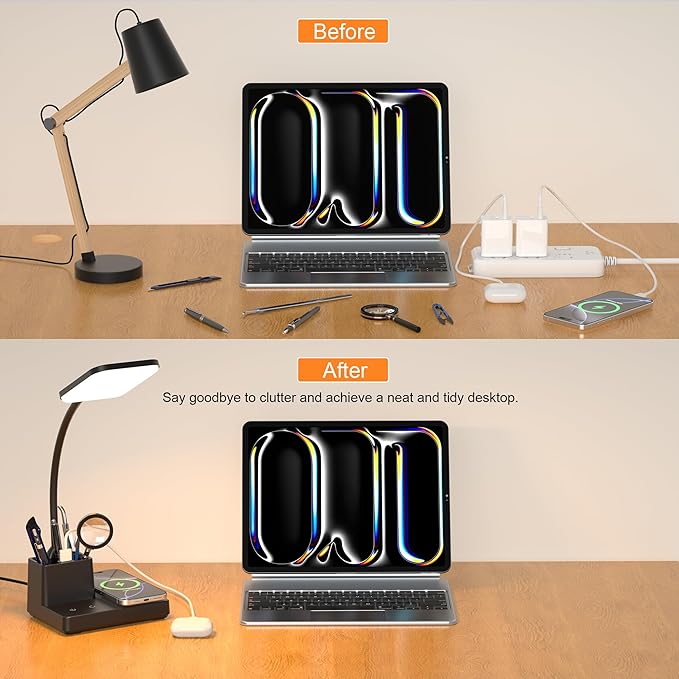 Wireless Charging Desk Lamp USB Charging & Pen Holder, Matte Black | CRI 95, 800LM, Stepless Dimming, 3 Modes, 360°Flexible Arm, Touch, Study Table Lamp for Home Office, Dorm Room, with Adapter - Image 6