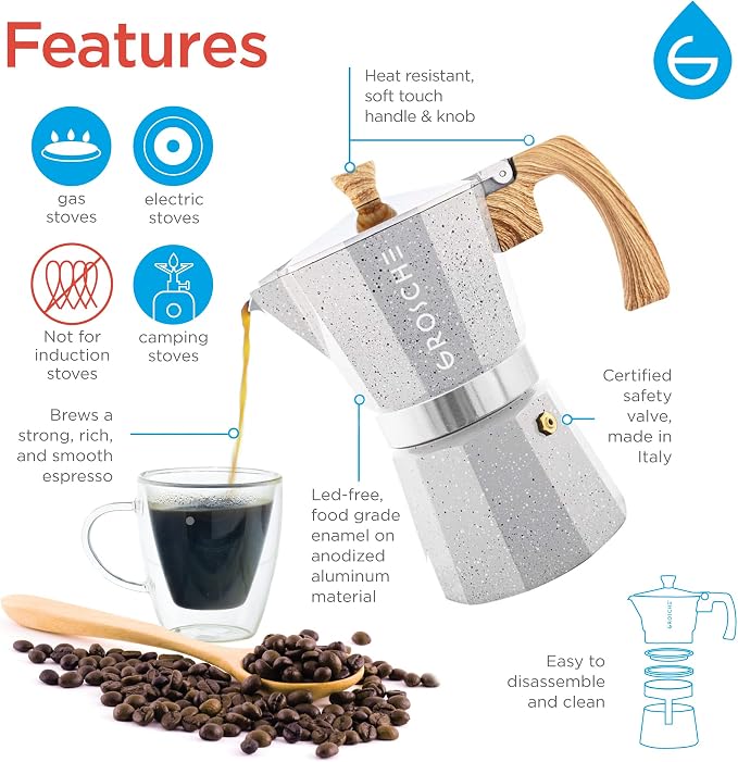 GROSCHE Milano Stovetop Espresso Maker Moka Pot 6 espresso Cup, 9.3 oz Grey | Cuban Coffee Maker And Italian Moka Pot For Stovetop Espresso; For Gas, Electric, And Propane Stoves With A Soft-Touch Handle - Image 3