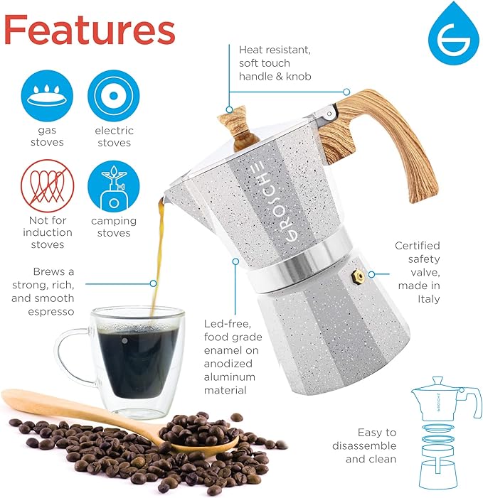 GROSCHE Milano Moka pot, Stovetop Espresso maker, Greca Coffee Maker, Stovetop coffee maker and espresso maker percolator (Grey, 9 cup) | Cuban Coffee Maker And Italian Moka Pot For Stovetop Espresso; For Gas, Electric, And Propane Stoves With A Soft-T... - Image 3