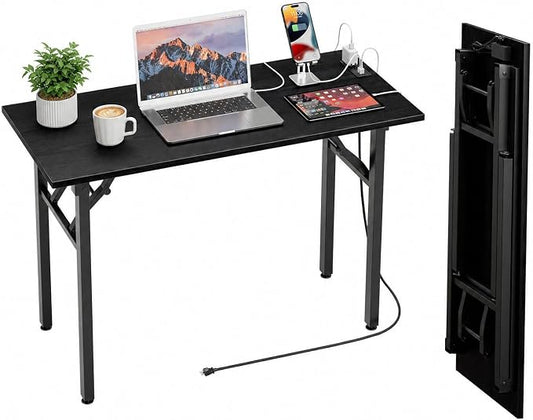 Folding Table Computer Desk - 43.3" No Assembly Folding Desk with Power Outlets & USB Charging Port, Small Desk, Foldable Office Desk, Compact Storage Portable Use for Small Space, Dark Oak by HMFOR