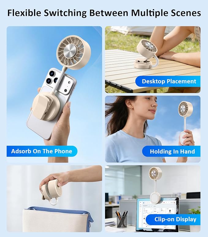 Magnetic Phone Fan with Ice Cooling, 3-in-1 Clip on Fan & Phone Stand, Rechargeable Mini Handheld Fan, 360° Flexible Gooseneck Portable Fan for Cruise Travel Desk Gym Makeup,（Beige） - Image 2