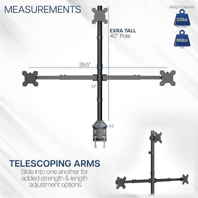 VIVO Premium Triple Ultra Wide LCD LED 27 to 38 inch Monitor Desk Mount, Heavy Duty C-clamp, Extra Tall Pole, Adjustable Telescoping Arms, Flush Wall Setup, Fits 3 Screens, Black, STAND-TS3CT - Image 3
