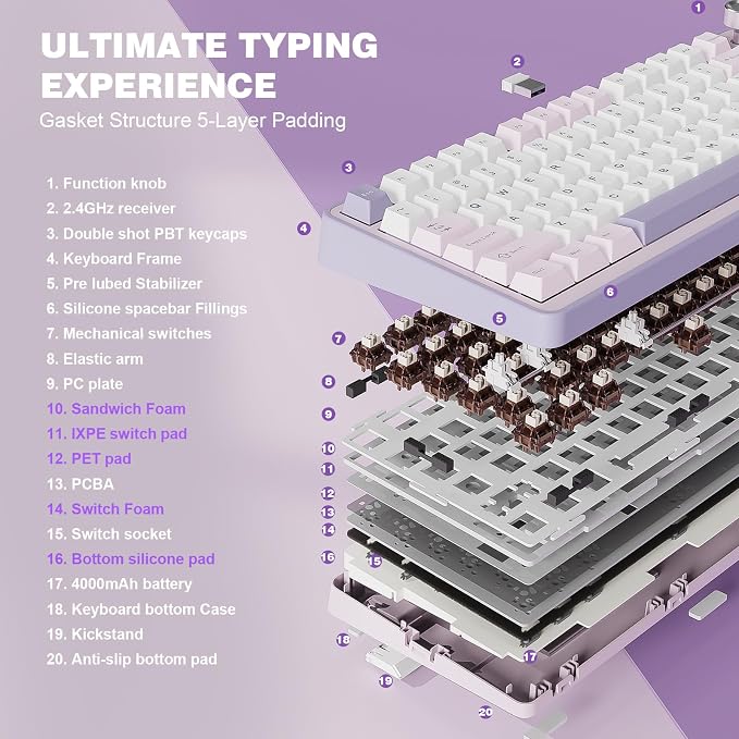YUNZII B75 PRO 75% Wireless Mechanical Keyboard (Purple, Cocoa Cream V2) | Hot Swap Keyboard with Knob, Gasket Mount, Creamy Pre-lubed Switch for Smooth Typing, BT/USB-C/2.4G, for Gaming - Image 4