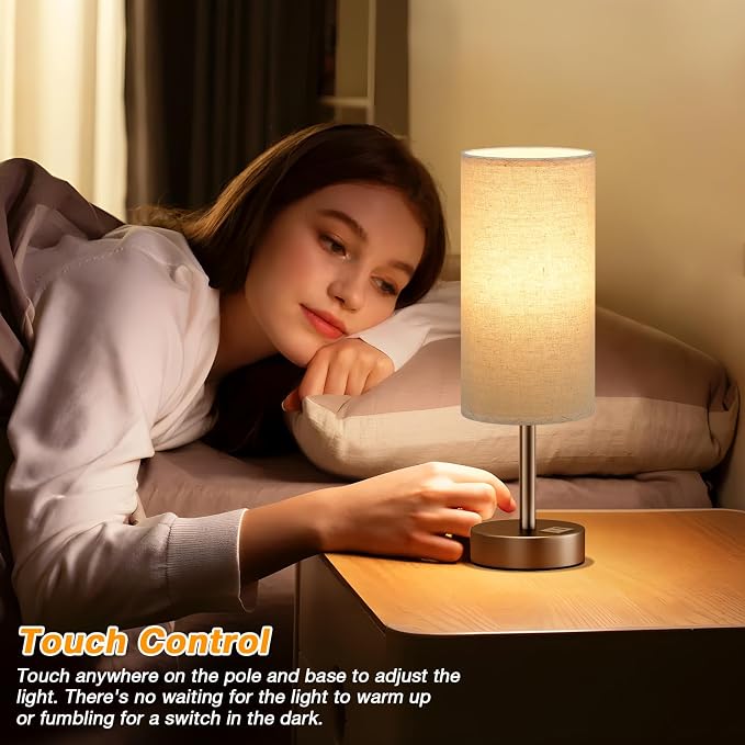 Dicoool Bedside Table Lamp for Bedroom - 3-Way Dimmable Touch Lamp, USB A+C | LED Bulb Included, 14" Small Nightstand Lamp for Desk, Living Room, Guest Room, Beige Fabric Lampshade, Brown Metal Base - Image 2
