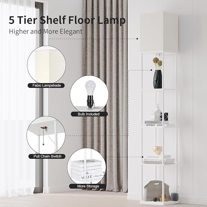 SUNMORY 5 Tier Floor Lamp with Shelves, Modern Square Standing Lamp with 3 Color Temperature Bulb, Corner Display Bookshelf Lamp for Living Room and Bedroom, Tall Shelf Floor Lamp White - Image 4