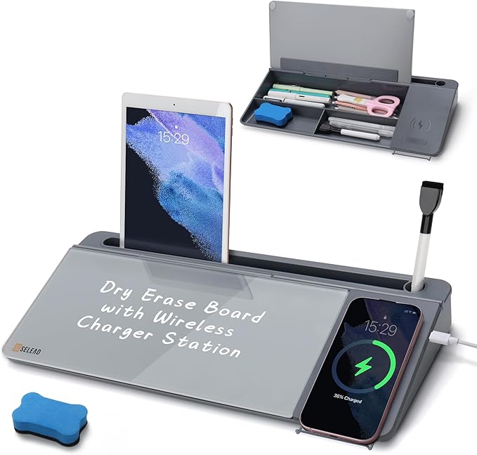 SELEAD Desktop Glass Whiteboard with Wireless Charger Station, Dry Erase White Board Computer Pad Keyboard Stand with Organizer for Home, School, Office Desk Accessories, Gray by SELEAD