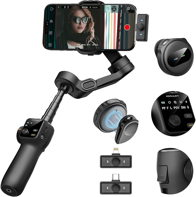 AOCHUAN Gimbal Stabilizer for iPhone & Android,3-Axis Phone Gimbal w/Wireless Lavalier Microphone,Built-in 7.8" Extension Pole,OLED Display,Phone Stabilizer for Video Recording TikTok(V8 Mic Kit) by AOCHUAN