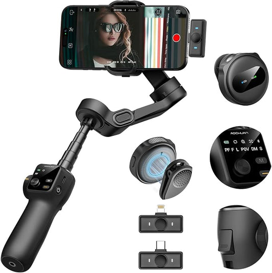AOCHUAN Gimbal Stabilizer for iPhone & Android,3-Axis Phone Gimbal w/Wireless Lavalier Microphone,Built-in 7.8" Extension Pole,OLED Display,Phone Stabilizer for Video Recording TikTok(V8 Mic Kit) by AOCHUAN