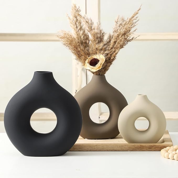 Vanselia Ceramic Vase Home Table Decor - Flower Vases Set of 3 Small Living Room Centerpiece Decorations for Shelf Bedroom Office Kitchen Dining Desk Modern Aesthetic Farmhouse Decorative (Classic) - Image 7