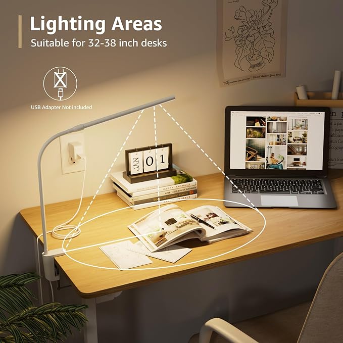 Lepro Small Desk Lamp with Clamp, LED Reading Lamps, 460LM, 5W, White | 3 Color Modes 10 Brightness, Dimmable USB Clip on Desk Light with Gooseneck Swing Arm for Nail, Home Office and Dorm - Image 5