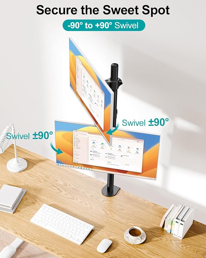 MOUNT PRO Vertical Dual Monitor Stand, Stacked Monitor Mount for 2 Monitors Up to 32 inches, Computer Monitor Arm with Swivel, Tilt, Height Adjustable, Each Monitor Desk Mount Holds up to 17.6 lbs - Image 5