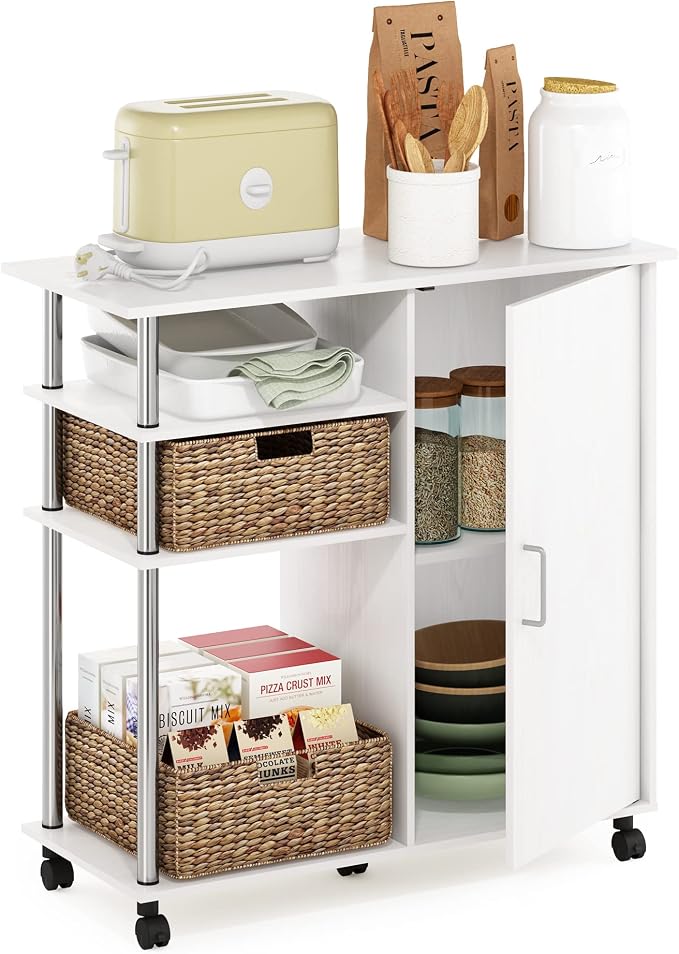 Furinno Helena Rolling Cart, 4-Tier Rolling Utility Cart with Closed Cabinet, Storage Cart, for Office, Living Room, Kitchen, Storage and Organizers, White Wood - Image 3