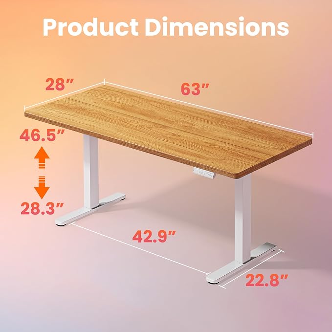 HUANUO Electric Standing Desk, 63" x 28" Height Adjustable Desk, 4 Memory Height Settings, Sit to Stand Up Desk for Home Office, with Headphone Hook, Cable Manager, Light Vintage Brown - Image 3