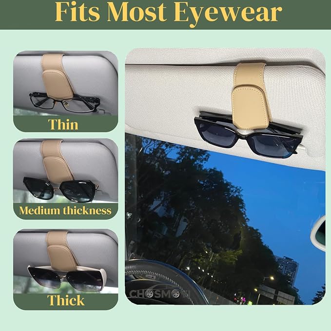 CHOSMOYI Magnetic Leather Sunglass Holder for Car, Sunglasses Clip for Car Visor, Auto Interior Accessories Universal for Different Size Eyeglasses (Beige) - Image 4