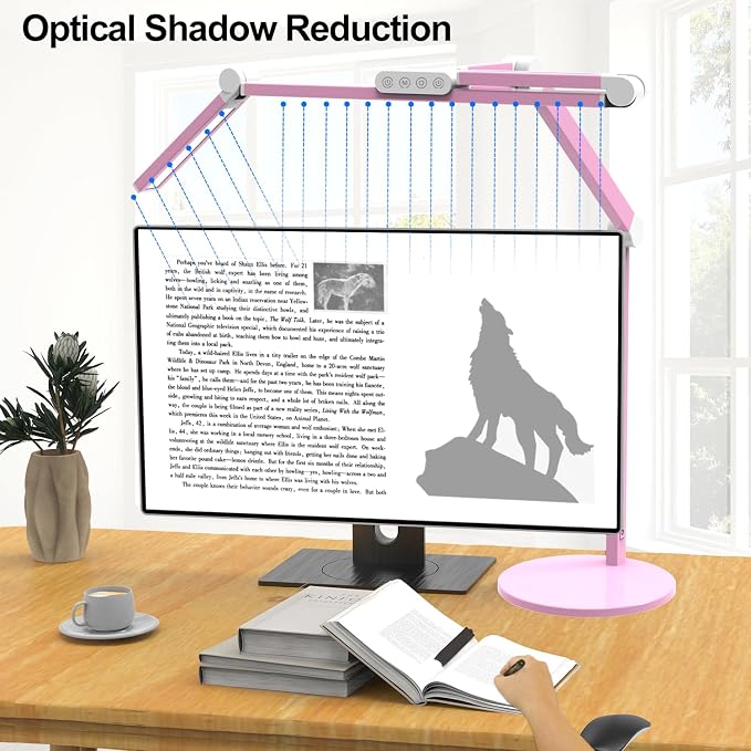 Micomlan Led Desk Lamp with Base, Adjustable Tall Architect Desk Light for Home Office with Flexible Swing Arm, 24W Pink Bright Table Lamp Auto Dimming Computer Light for Workbench - Image 5