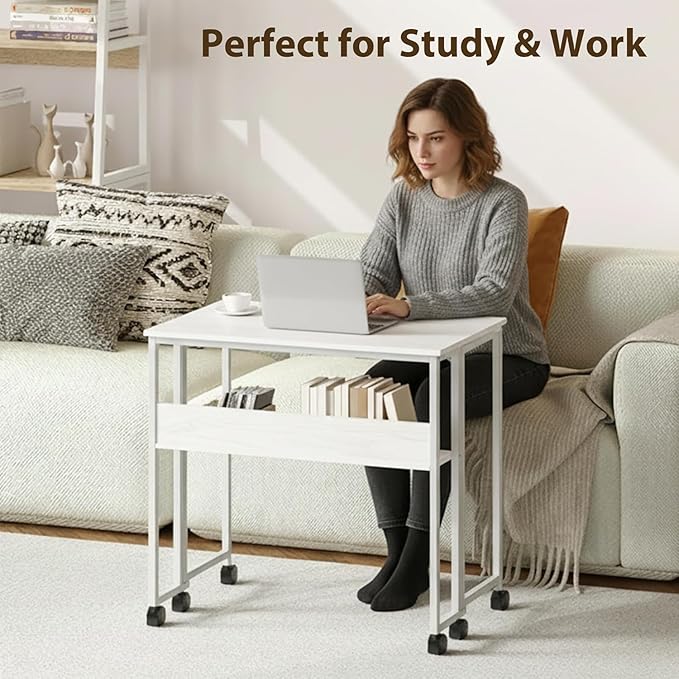 Folding Desk Small Rolling Desk with Storage Shelf,24.8 Inch Foldable Computer Table with Wheels,Portable Office Desk for Small Space Sofa Table,Easy to Fold,Writing Work Office Computer Desk,White - Image 3