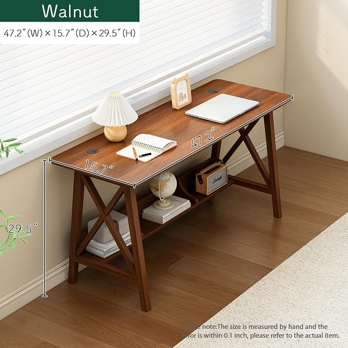 NELYE Extra Long Writing Desk with Bookshelf, 47" Wx16 Dx30 H, Walnut | Wooden Home Office Work Study Table, Computer Gaming Workstation with Storage Shelf, Sturdy MDF Resists Wobble - Image 5