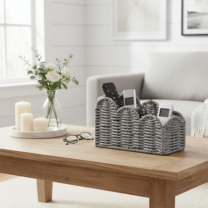 CubesLand Bedside Table Desk Organizer Caddy, Remote Pen&Pencil Holder Cup | Makeup Brush Holder w/Scalloped Perfect for Home, Office Desk, Living Room Table Decor, 3 Slots Grey - Image 7