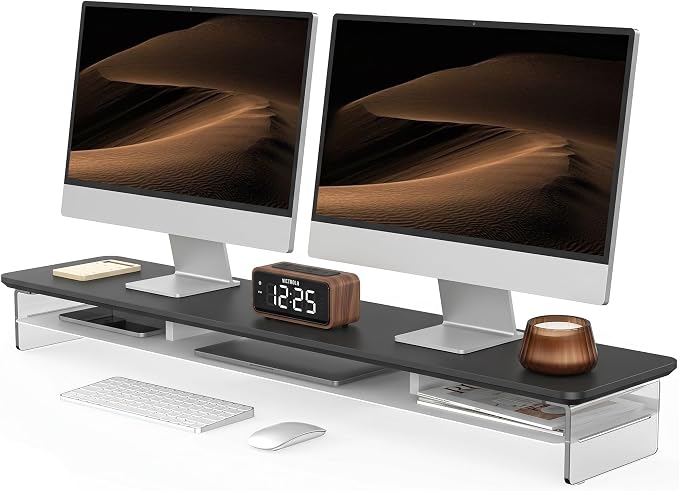 Fenge 42.5" Dual Monitor Stand with Clear Acrylic Legs, Black | Clear acrylic, storage compartment, 2-tier home office monitor riser, wide large desktop shelf fit monitor/laptop/printer by Fenge