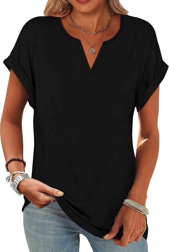 Womens Tops Dressy Casual V Neck Rolled Sleeve T Shirts Fashion Clothing Business Casual Outfits Beach Vacation Clothes - Image 2